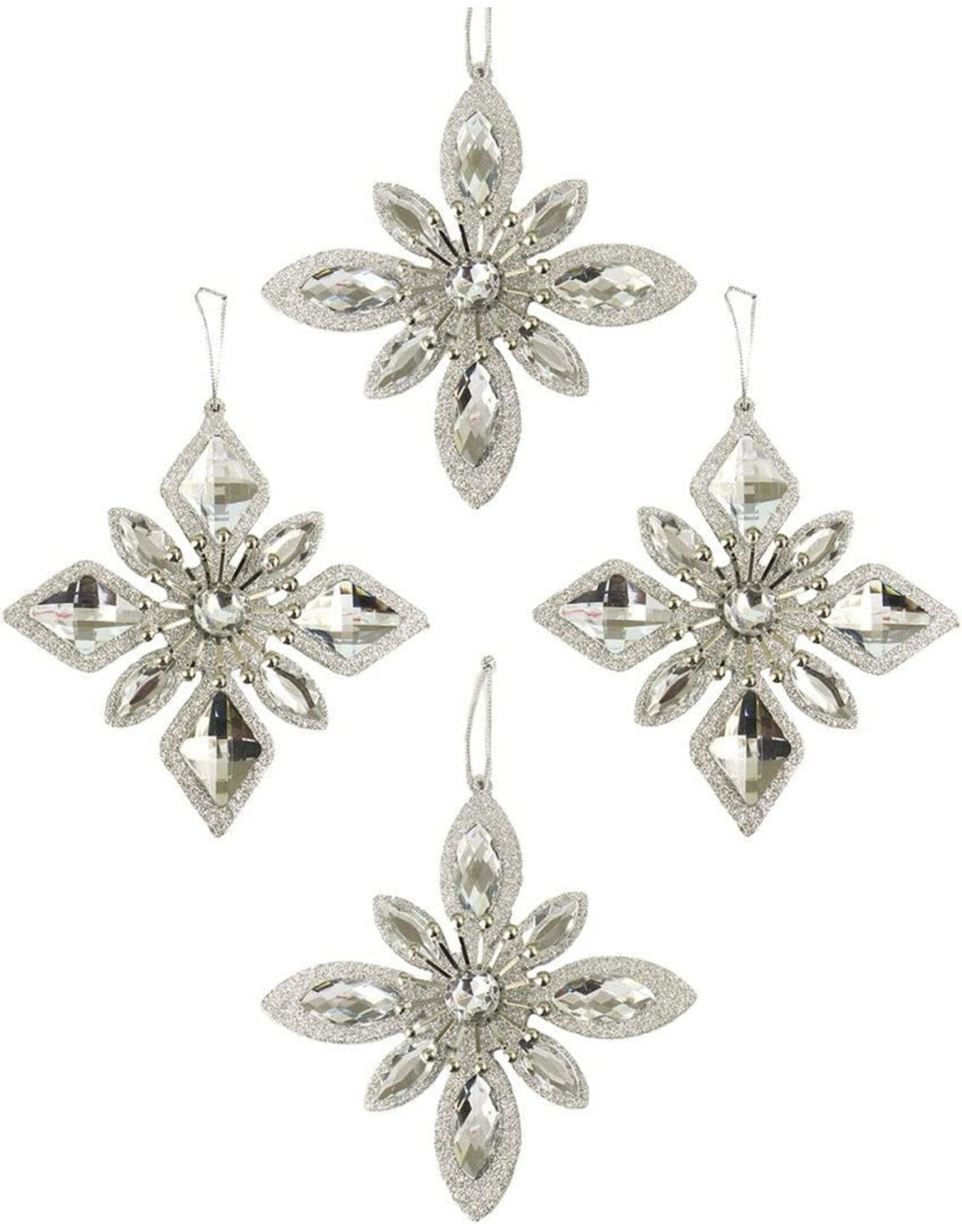 Kurt Adler Silver Jewel Snowflake Ornaments 4PC Set of 2 Assorted