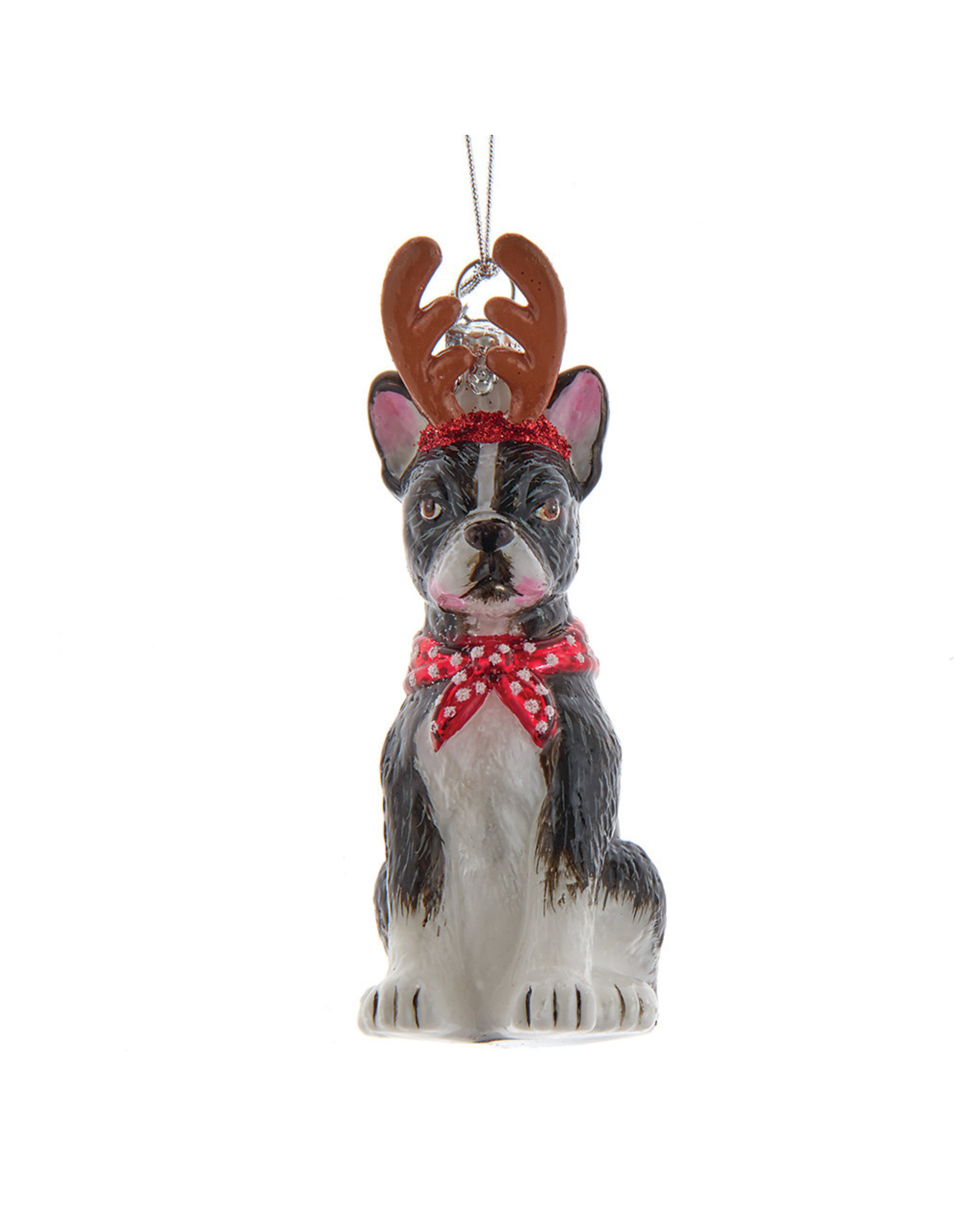 Kurt Adler Nobel Gems Boston Terrier With Antlers Glass Ornament