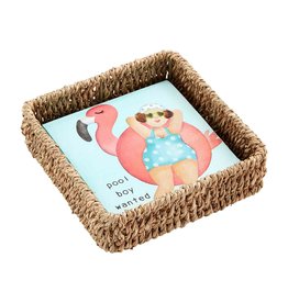Mud Pie Cocktail Napkins Set In Seagrass Basket | Pool Boy Wanted