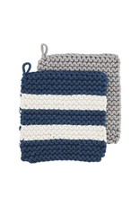 Mud Pie Crochet Pot Holders Set of 2 | Navy White Stripe & Gray