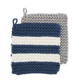 Mud Pie Crochet Pot Holders Set of 2 | Navy White Stripe & Gray