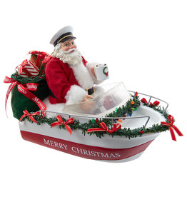 Kurt Adler Fabriche Boat Captain Santa In Decorated Christmas Boat