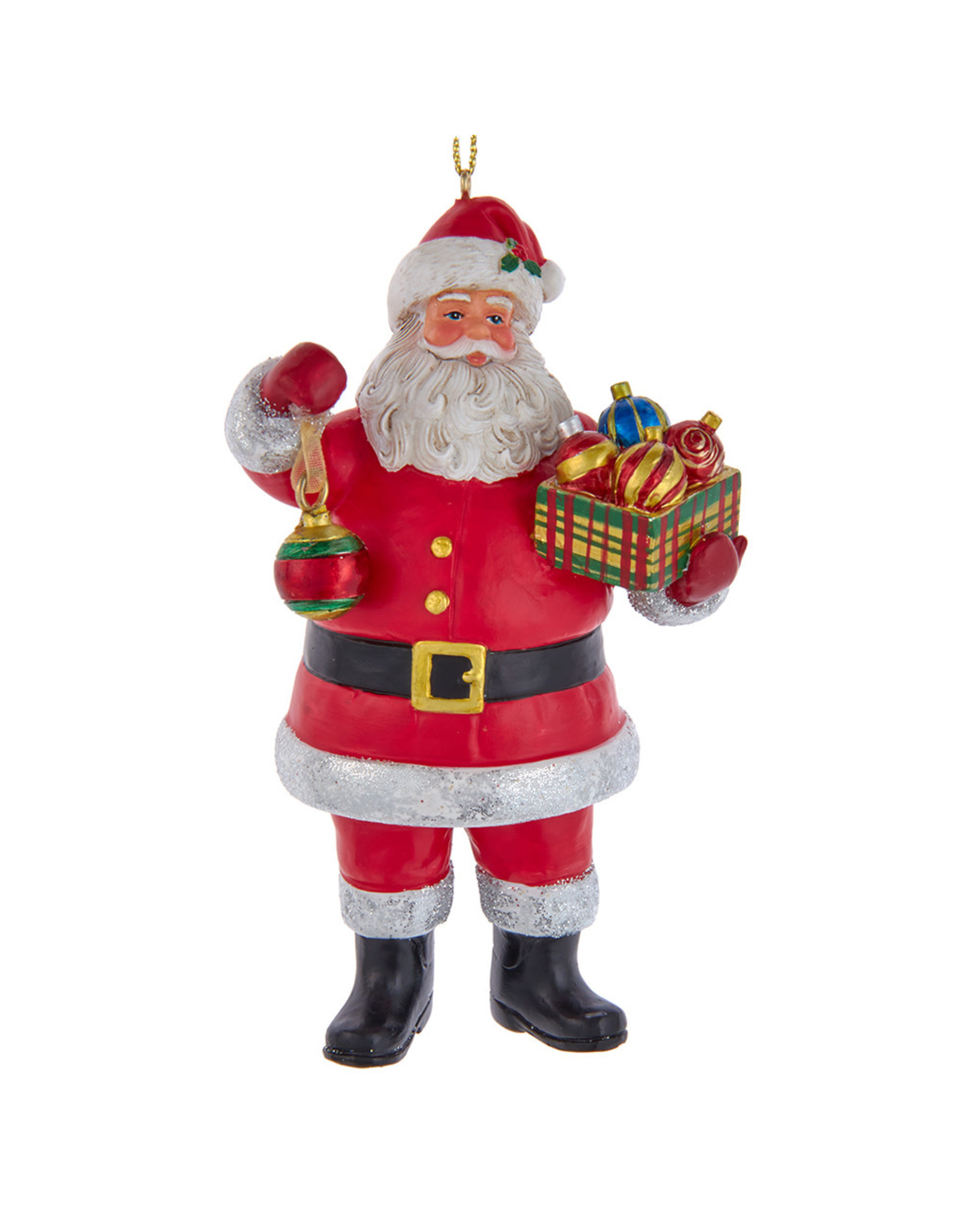 Kurt Adler Santa Ornament Holding Plaid Box of Ornaments