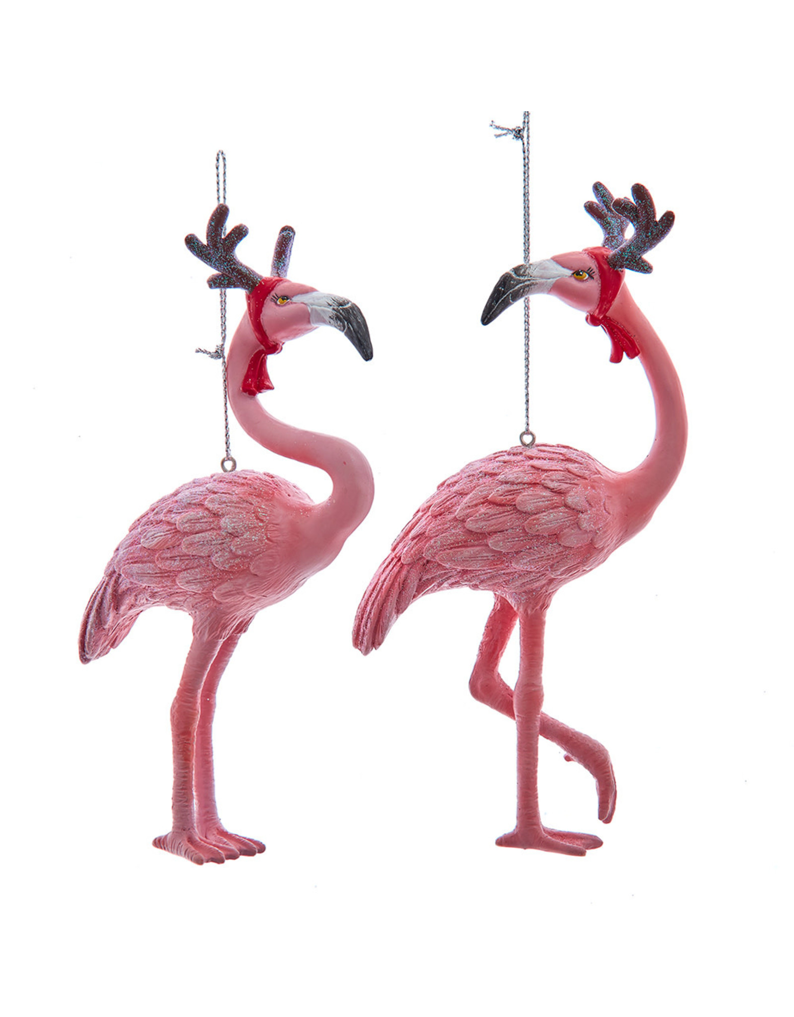 Kurt Adler Flamingo Ornaments Wearing Reindeer Antlers 2 Assorted