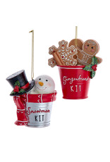 Kurt Adler Snowman and Gingerbread In Pail Ornaments 2 Assorted