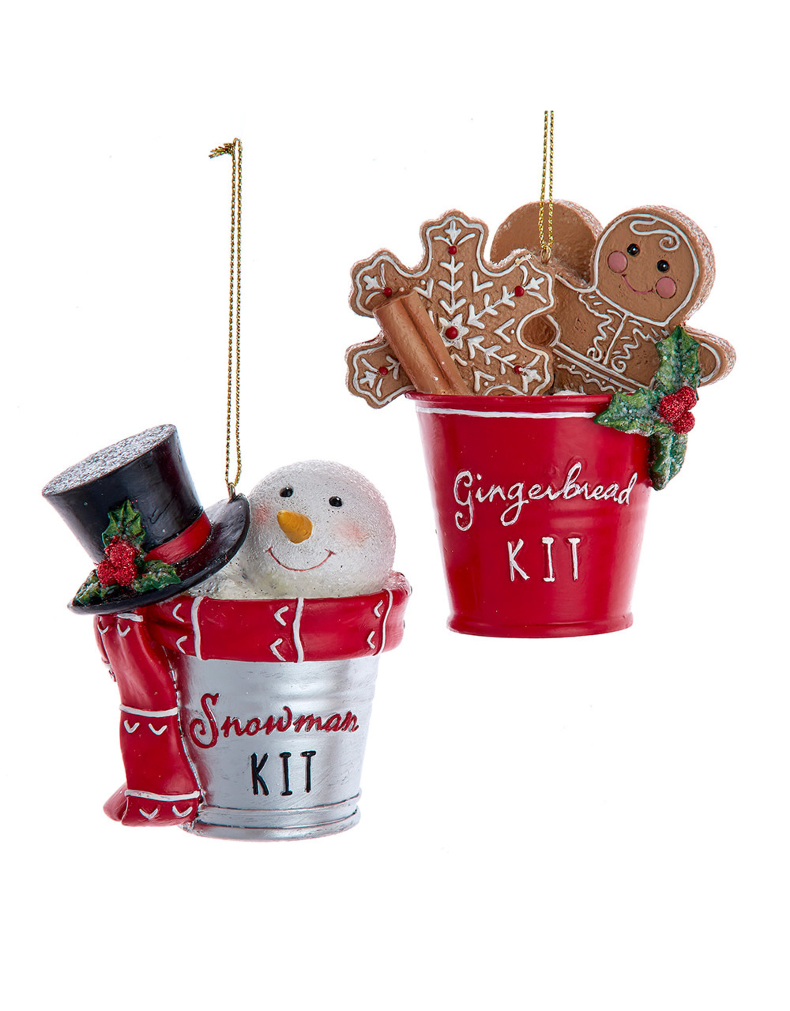 Kurt Adler Snowman and Gingerbread In Pail Ornaments 2 Assorted