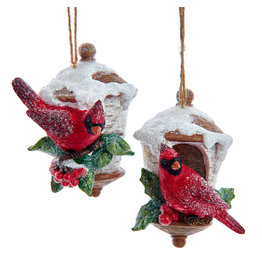 Kurt Adler Birdhouse With Cardinal Christmas Ornaments 2 Assorted