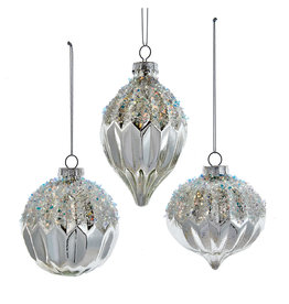 Kurt Adler 80MM Silver Glittered Sequined Glass Ornaments 3pc Set