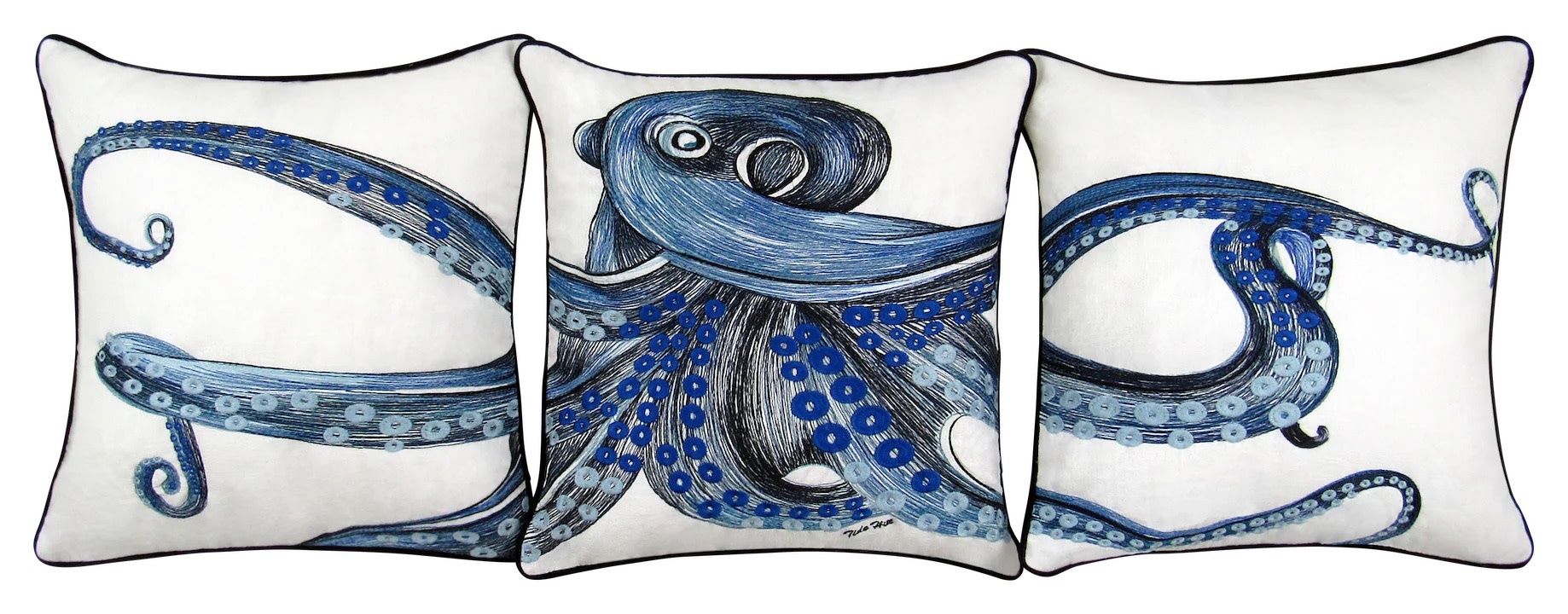 TIDE | HILL Octopus 3pc Embroidered Pillow Cover Set W Pillow