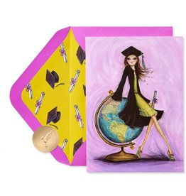 PAPYRUS® Graduation Card Bella Girl with Globe Look Out World