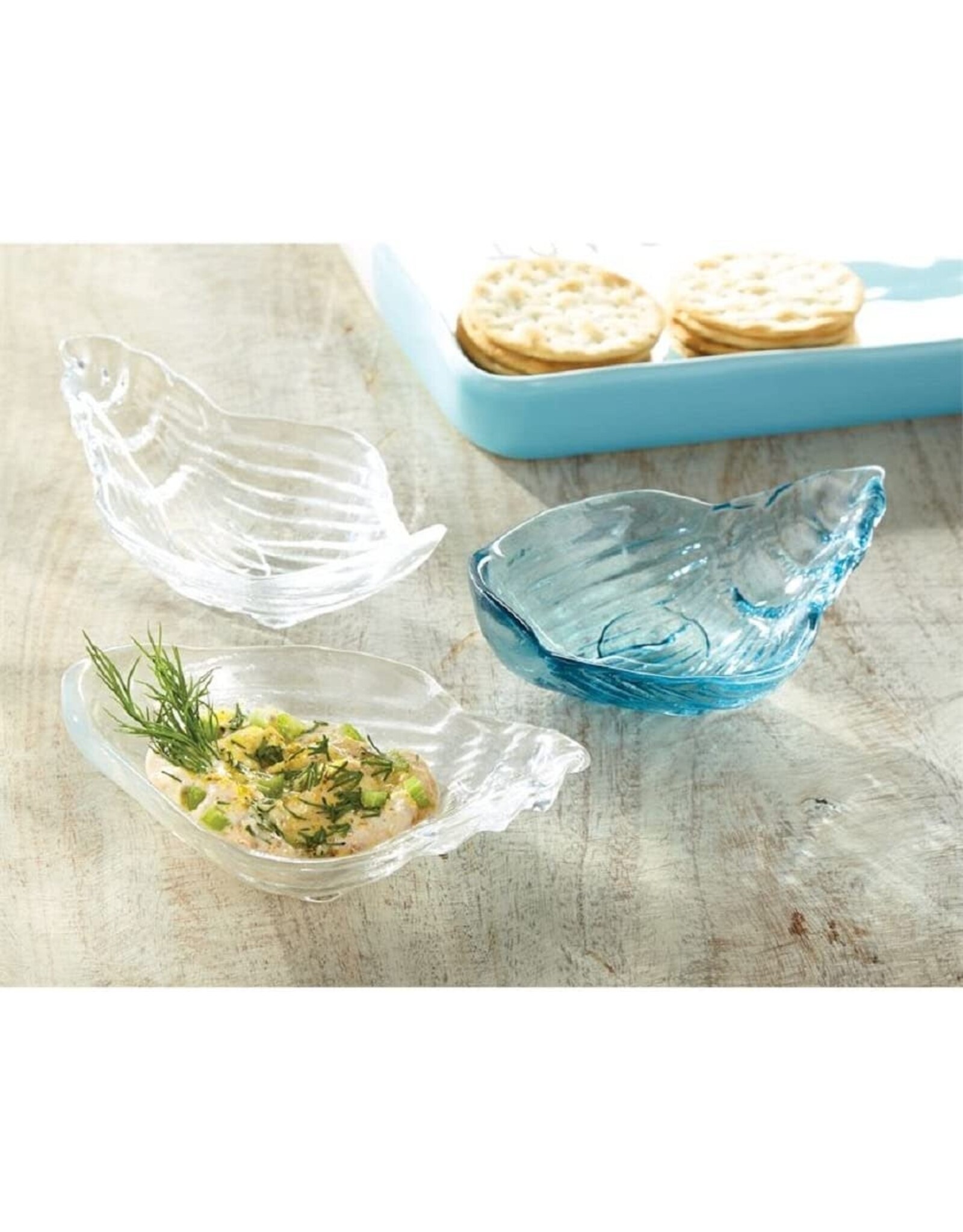 Mud Pie Glass Conch Shell Dip Cups Set 3 5.5x3.5 inch 1 Blue 2 Clear