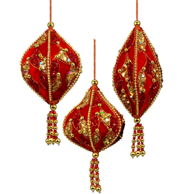 Kurt Adler Red Velour Sequin Gold Beading Ornaments Set 3 Assorted