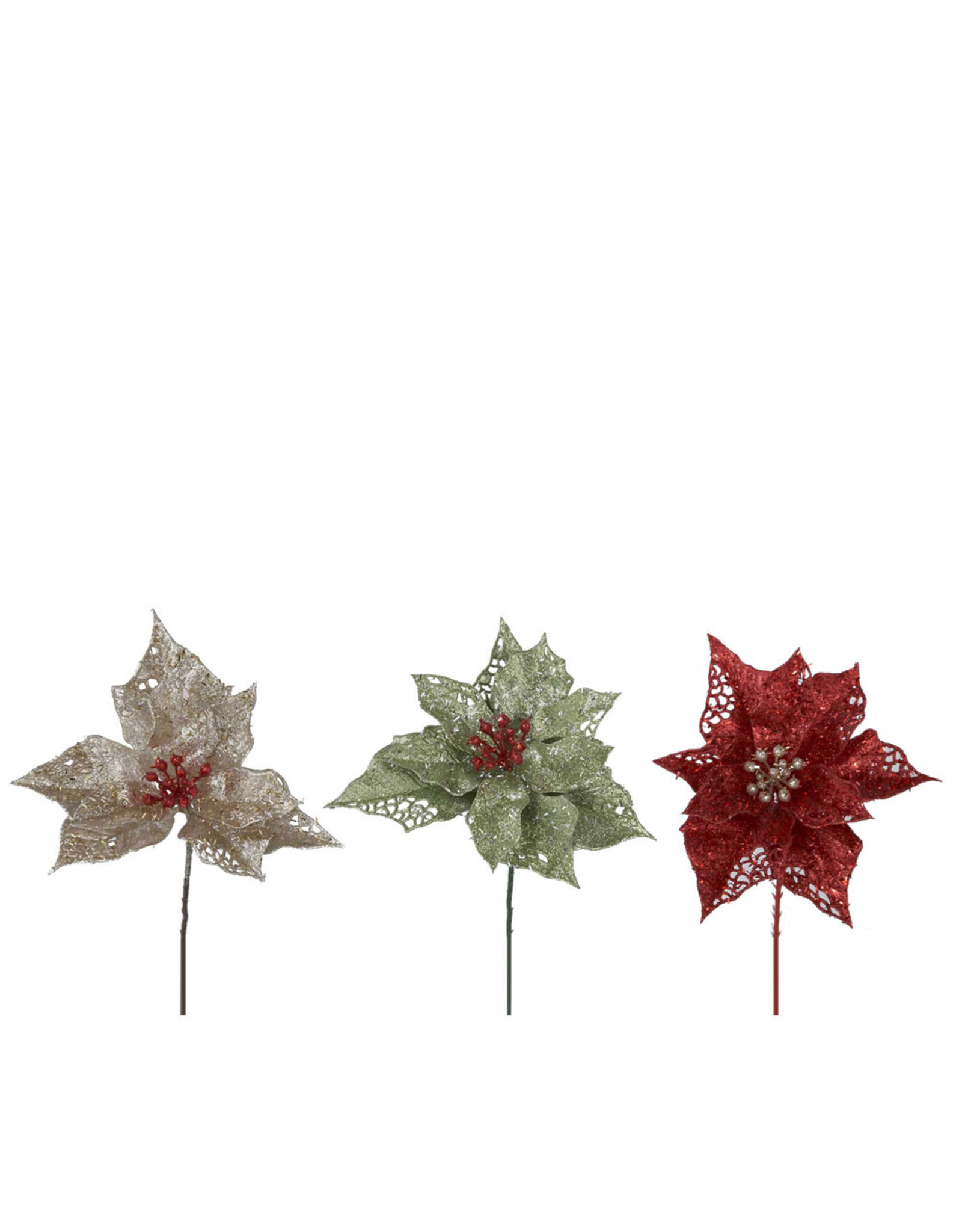 Kurt Adler Glittered Poinsettia Christmas Pick 6.5 Inch 3 Assorted