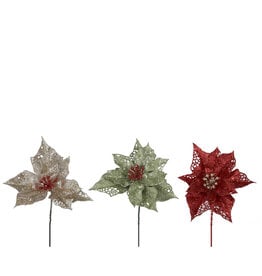 Kurt Adler Glittered Poinsettia Christmas Pick 6.5 Inch 3 Assorted