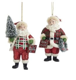 Kurt Adler Classic Plaid Santa Ornaments w Christmas Tree Wreath Signs