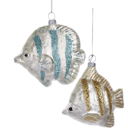 Kurt Adler Glass Fish Ornaments w Glittered Stripes 2 Assorted