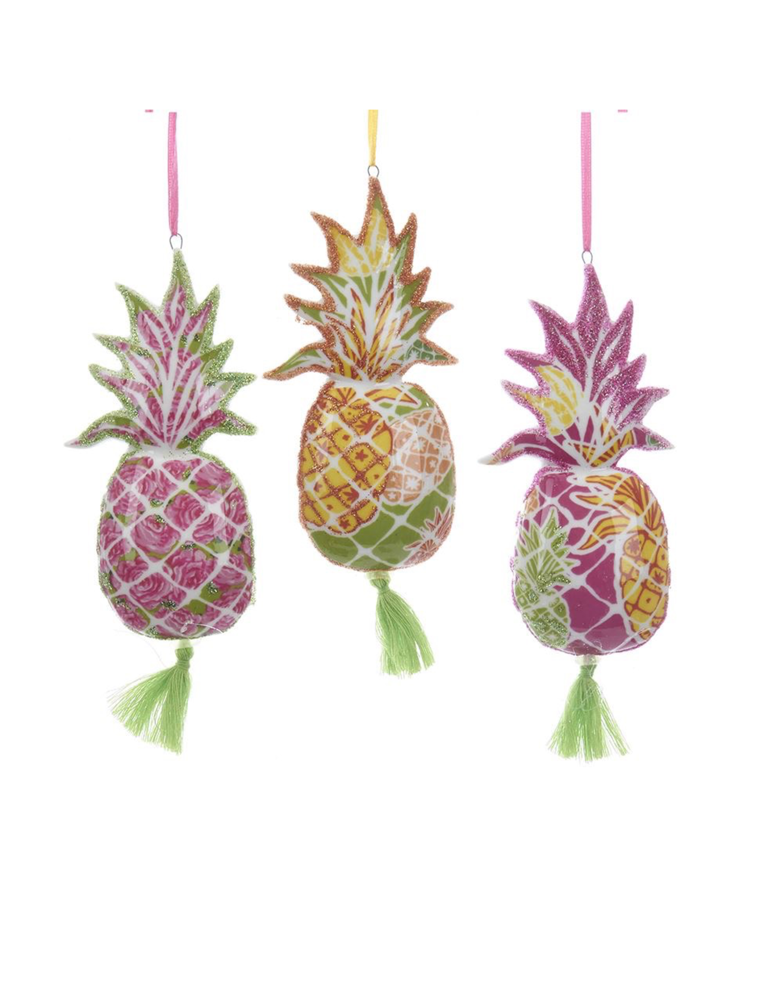 Kurt Adler Porcelain Pineapple Decal w Tassel Ornaments 3pc Set