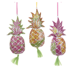 Kurt Adler Porcelain Pineapple Decal w Tassel Ornaments 3pc Set
