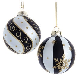Kurt Adler Glass Silver Black Gold Ball Ornaments 80mm 6pc Set