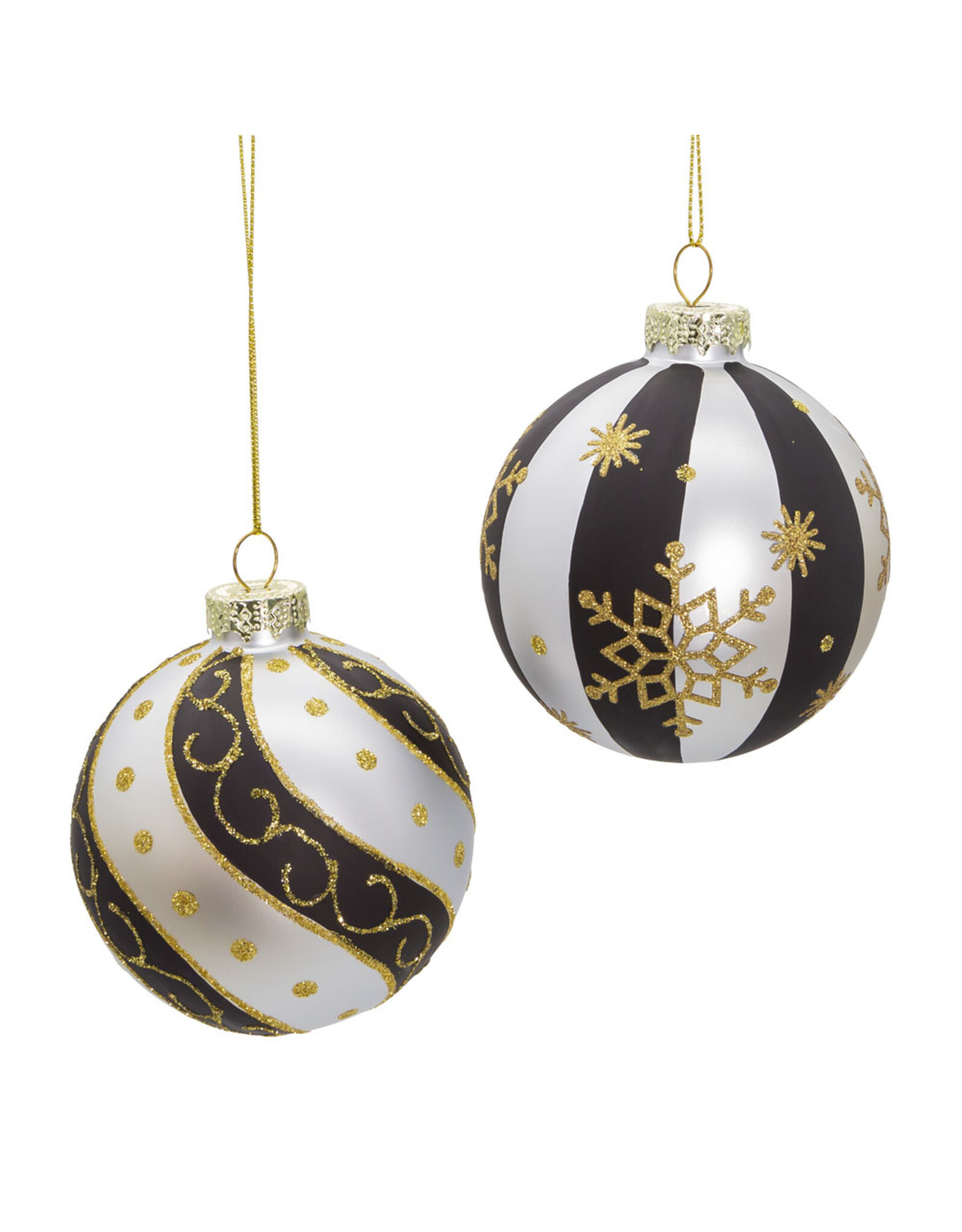 Kurt Adler Glass Silver Black Gold Ball Ornaments 80mm 6pc Set