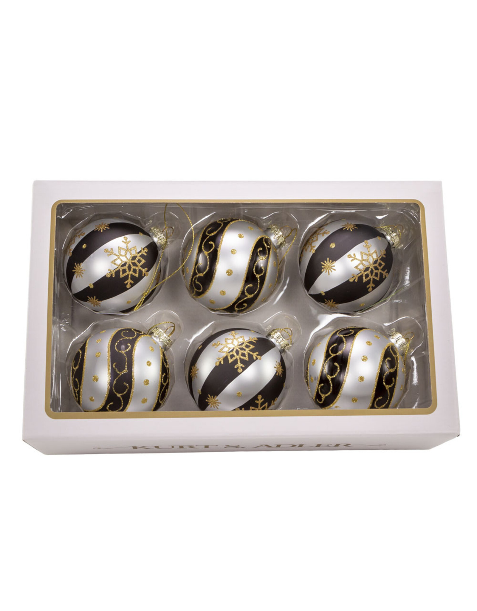 Kurt Adler Glass Silver Black Gold Ball Ornaments 80mm 6pc Set