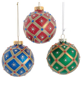 Kurt Adler Glass Red Green  Blue Jewel Ball Ornaments 80mm 6pc Set