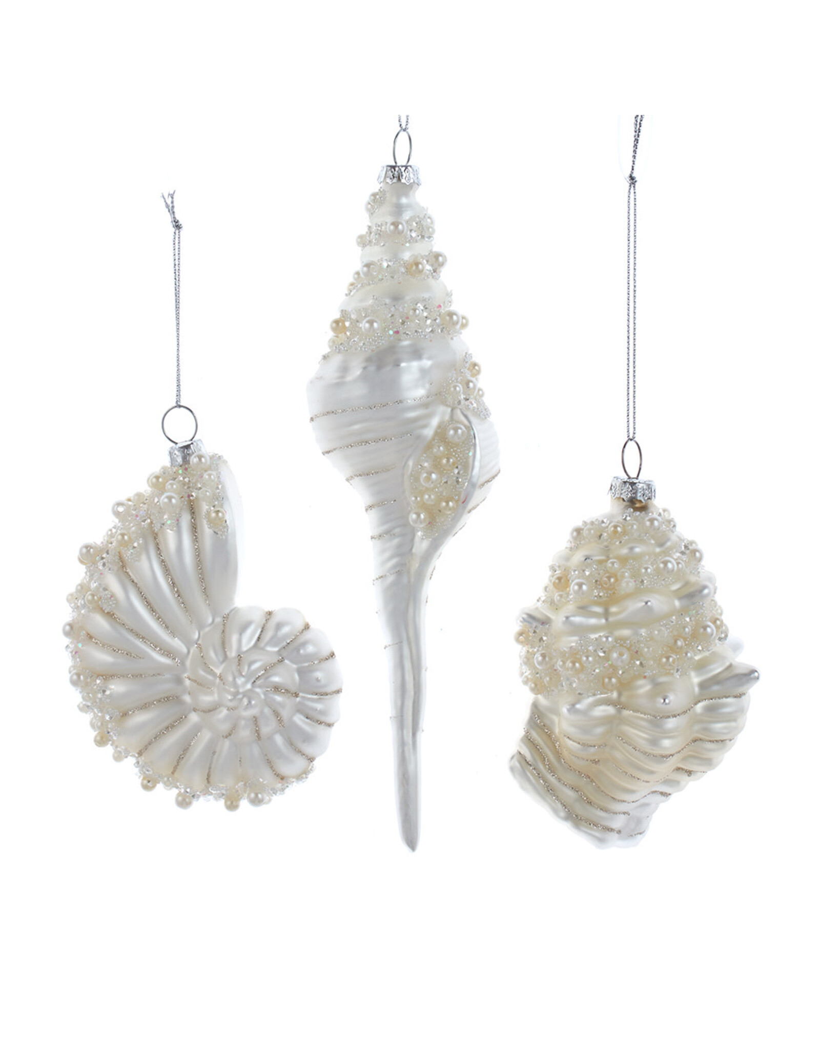 Kurt Adler Glass White Shell Ornaments Set Of 3 Assorted