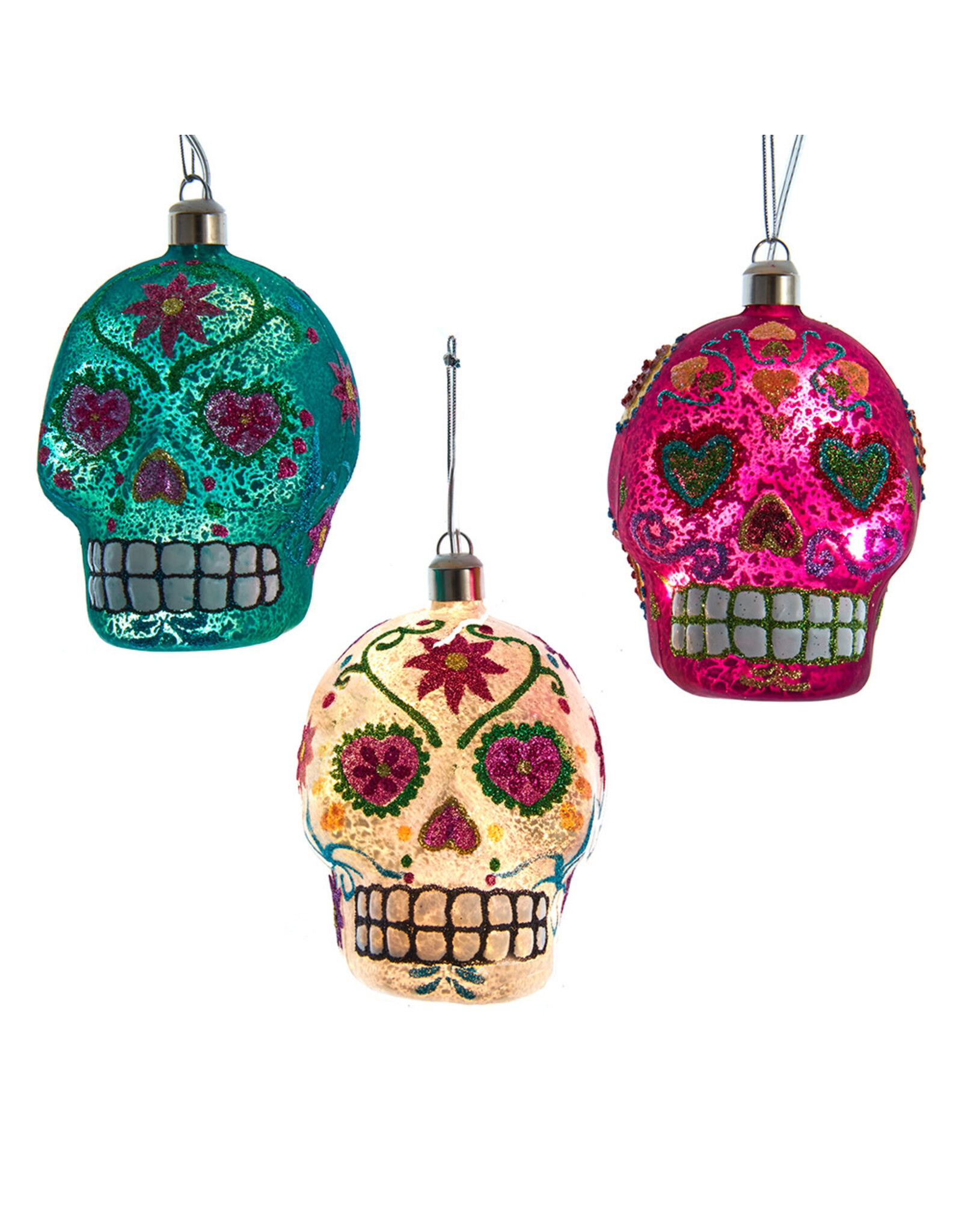Kurt Adler Illuminated Gems USB LED Day Of The Dead Skull Ornaments