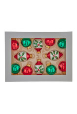Kurt Adler Glass Green & Red Ball and Finial Ornaments Set of 12