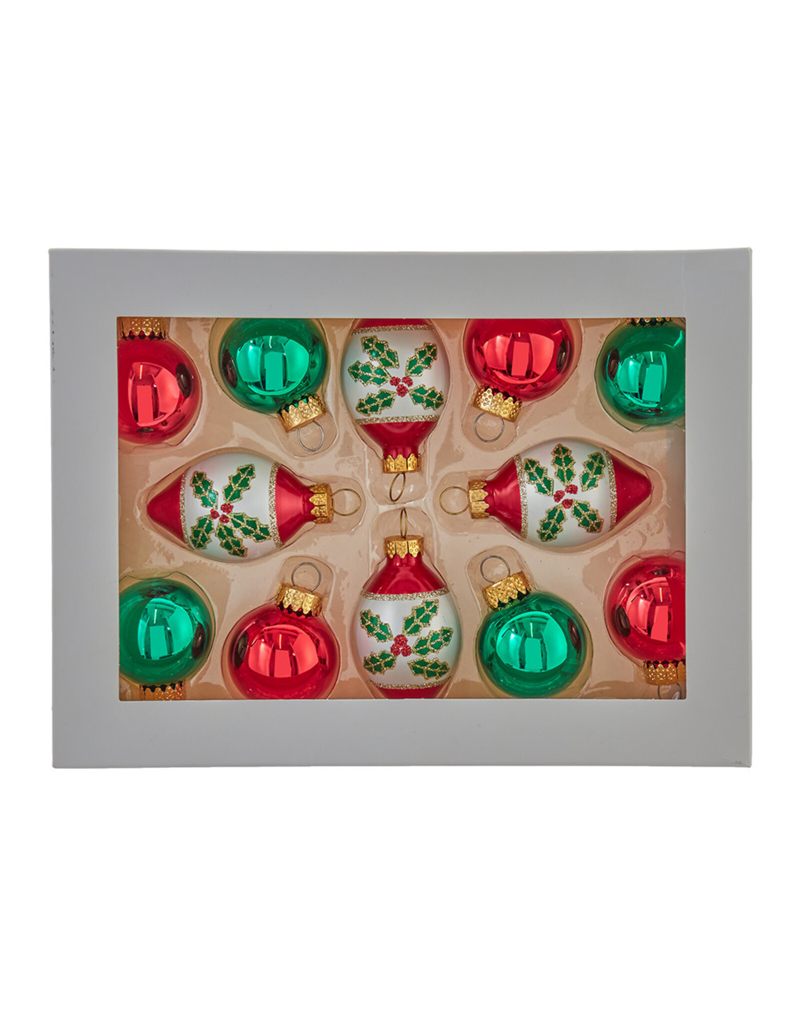 Kurt Adler Glass Green & Red Ball and Finial Ornaments Set of 12