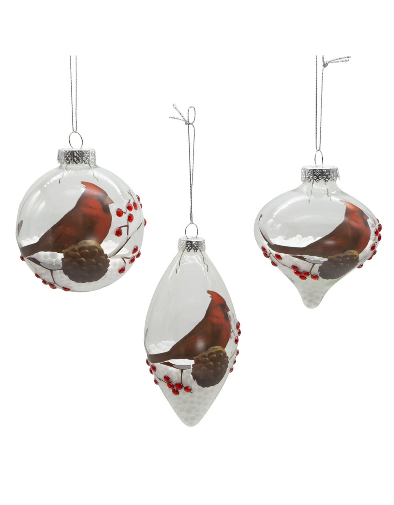 Kurt Adler Glass Cardinal Ornaments 80MM Set of 3 Assorted Shapes