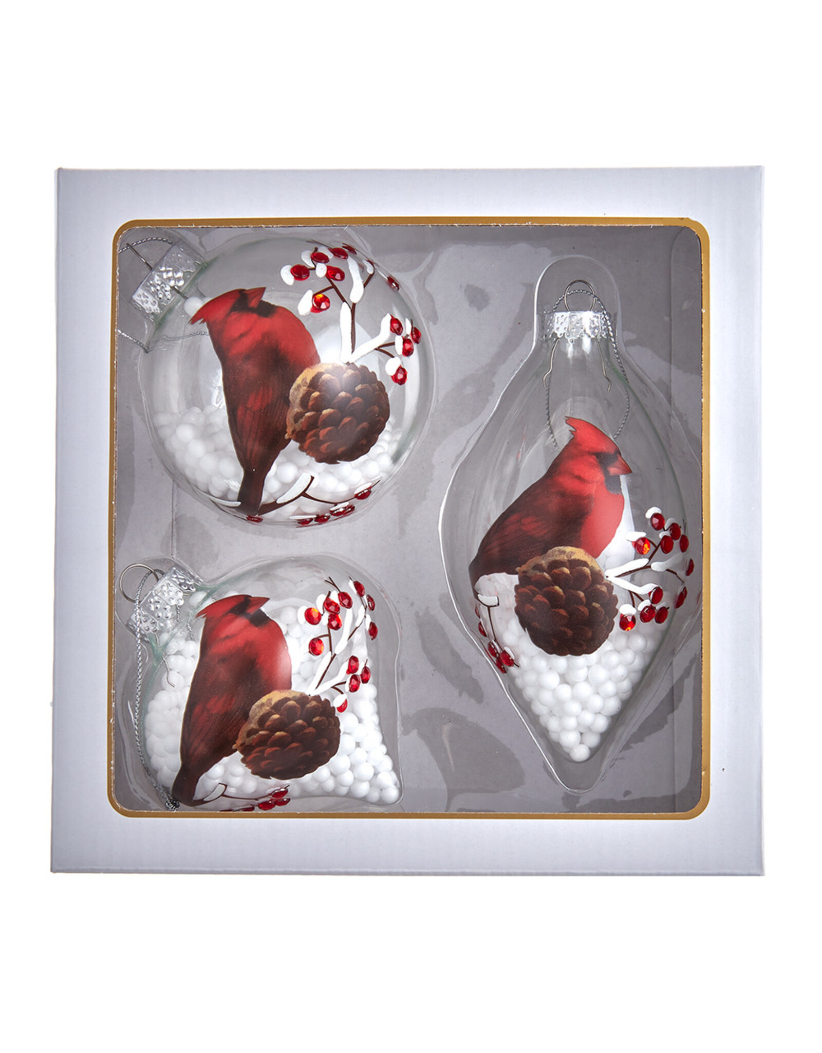 Kurt Adler Glass Cardinal Ornaments 80MM Set of 3 Assorted Shapes