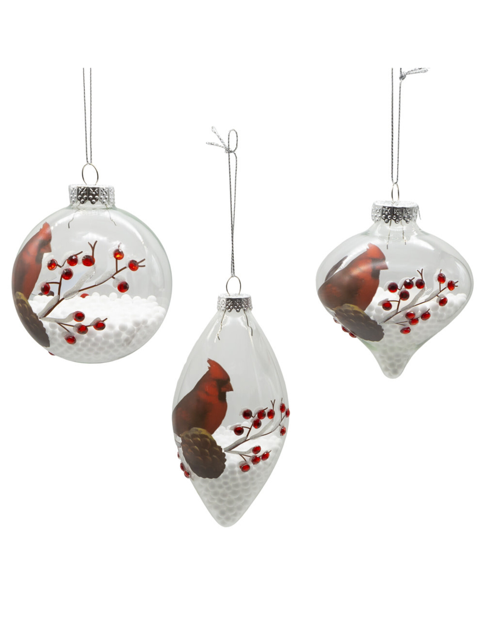 Kurt Adler Glass Cardinal Ornaments 80MM Set of 3 Assorted Shapes