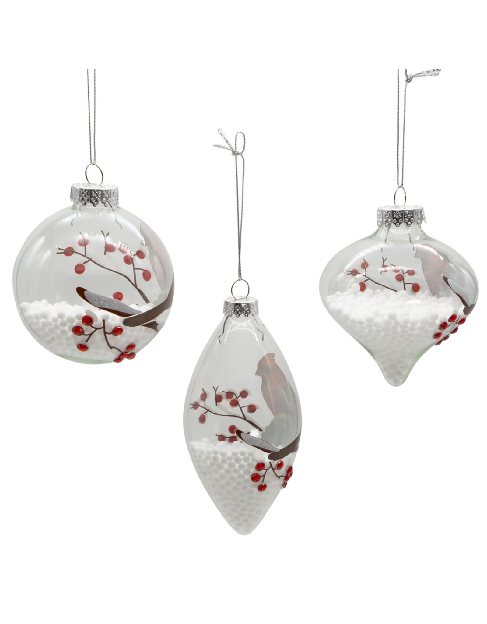 Kurt Adler Glass Cardinal Ornaments 80MM Set of 3 Assorted Shapes