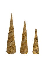 Kurt Adler Gold Cone Trees Glittered And Jeweled 3pc Set 11-17 Inch