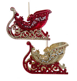 Kurt Adler Santa Sleigh Sled Ornaments 2pc Set Cranberry Red n Gold