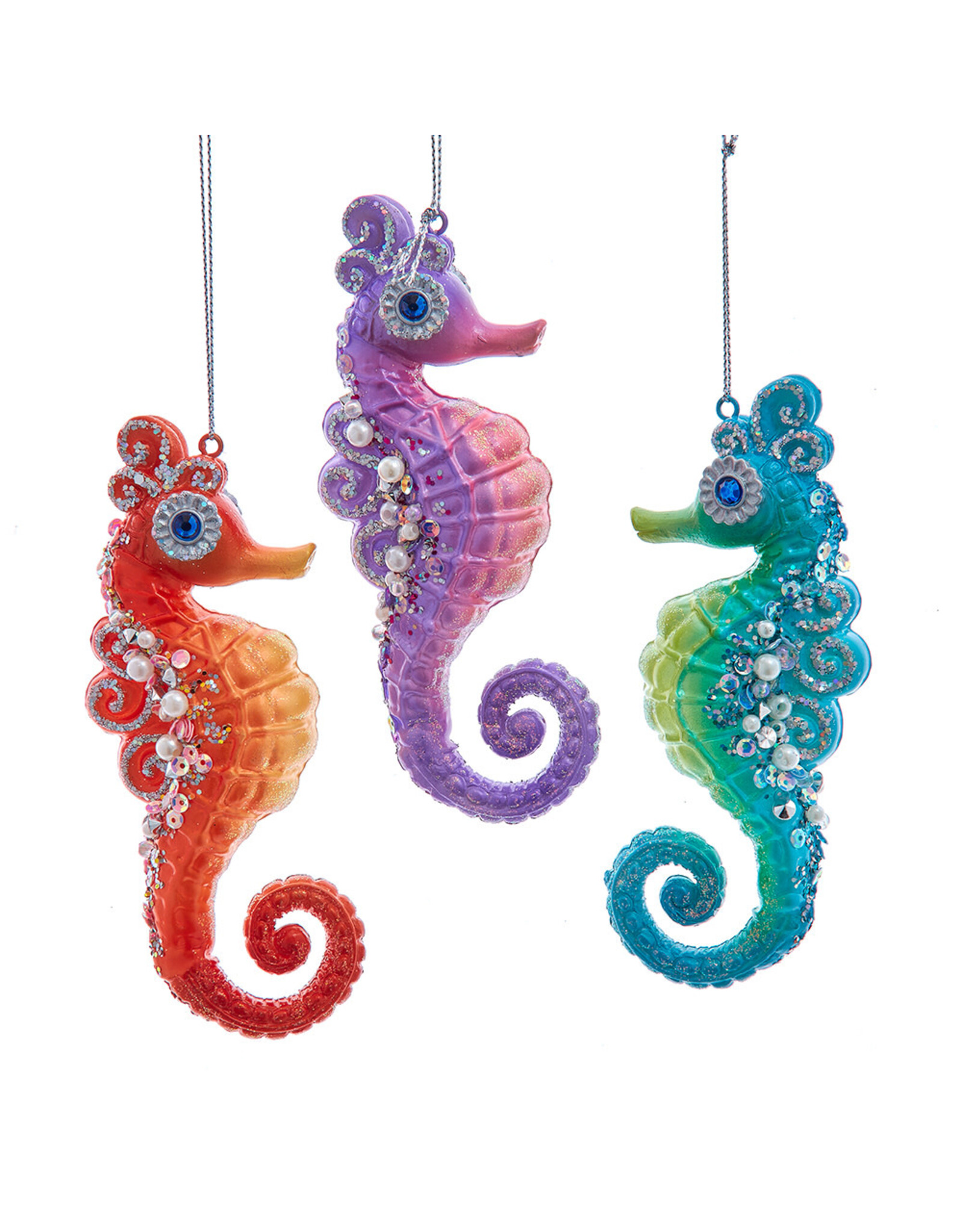 Kurt Adler Glass Seahorse Ornaments 3 Asstd Bead And Gem Sea Horses