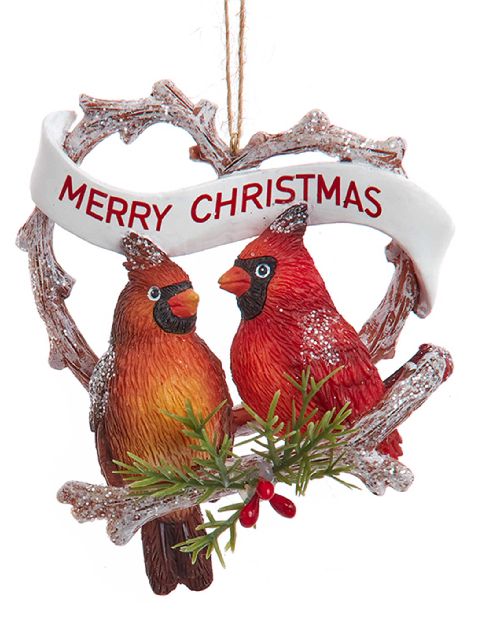 Kurt Adler Cardinals In Heart Merry Christmas Ornament