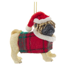 Kurt Adler Pug Ornament w Plaid Coat and Santa Hat