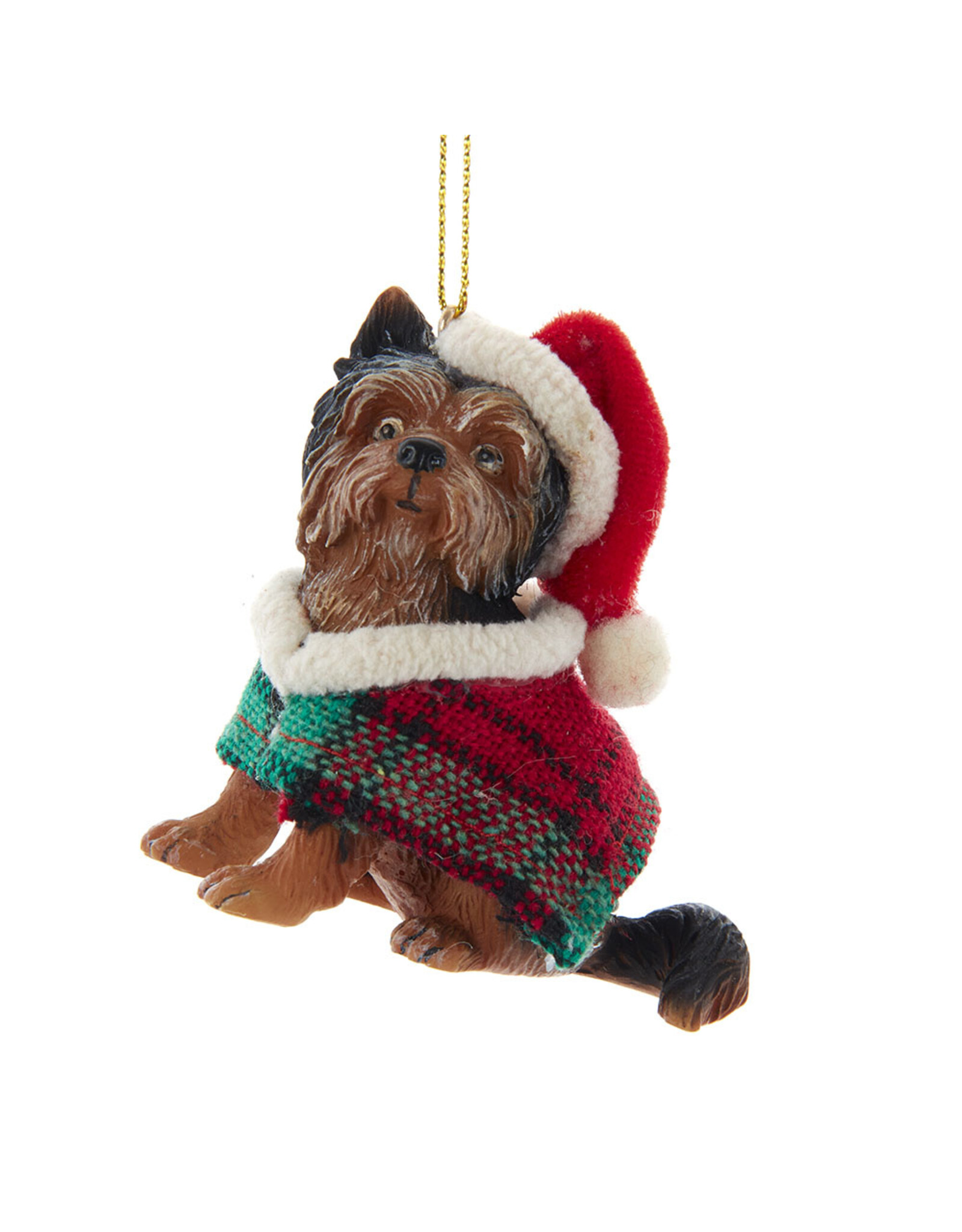 Kurt Adler Yorkshire Terrier Ornament w Plaid Coat and Santa Hat