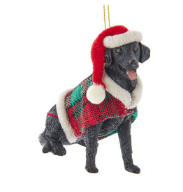 Kurt Adler Black Labrador Ornament w Plaid Coat and Santa Hat