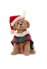 Kurt Adler Brown Labradoodle Ornament w Plaid Coat and Santa Hat