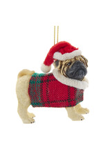 Kurt Adler Pug Ornament w Plaid Coat and Santa Hat