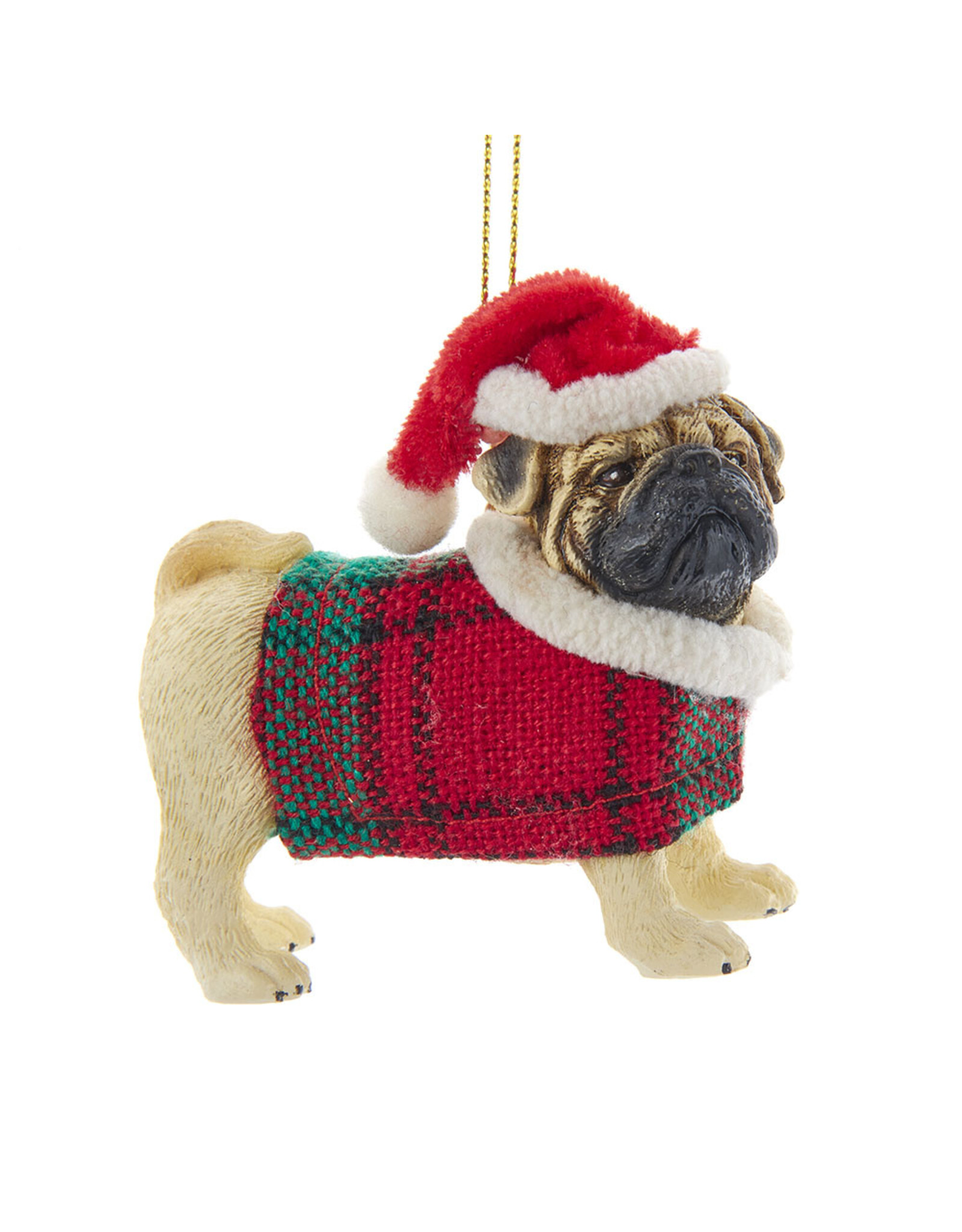 Kurt Adler Pug Ornament w Plaid Coat and Santa Hat