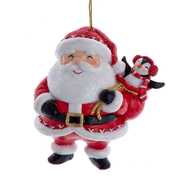 Kurt Adler Jovial Santa With Penguin In Toy Sack Ornament