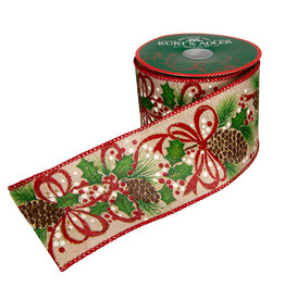 Kurt Adler Red Green Tan Pinecones Double Wire Ribbon 2.5x10 Yards