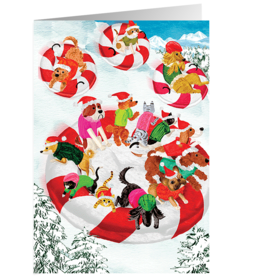 Caspari Christmas Cards Snow Tubing Pets Card