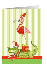 Caspari Boxed Christmas Cards 16pk Zooey Christmas Flamingo Alligator