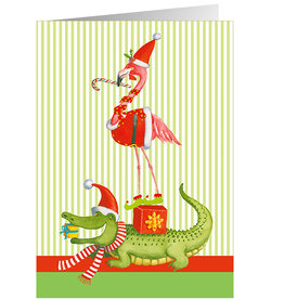 Caspari Boxed Christmas Cards 16pk Zooey Christmas Flamingo Alligator