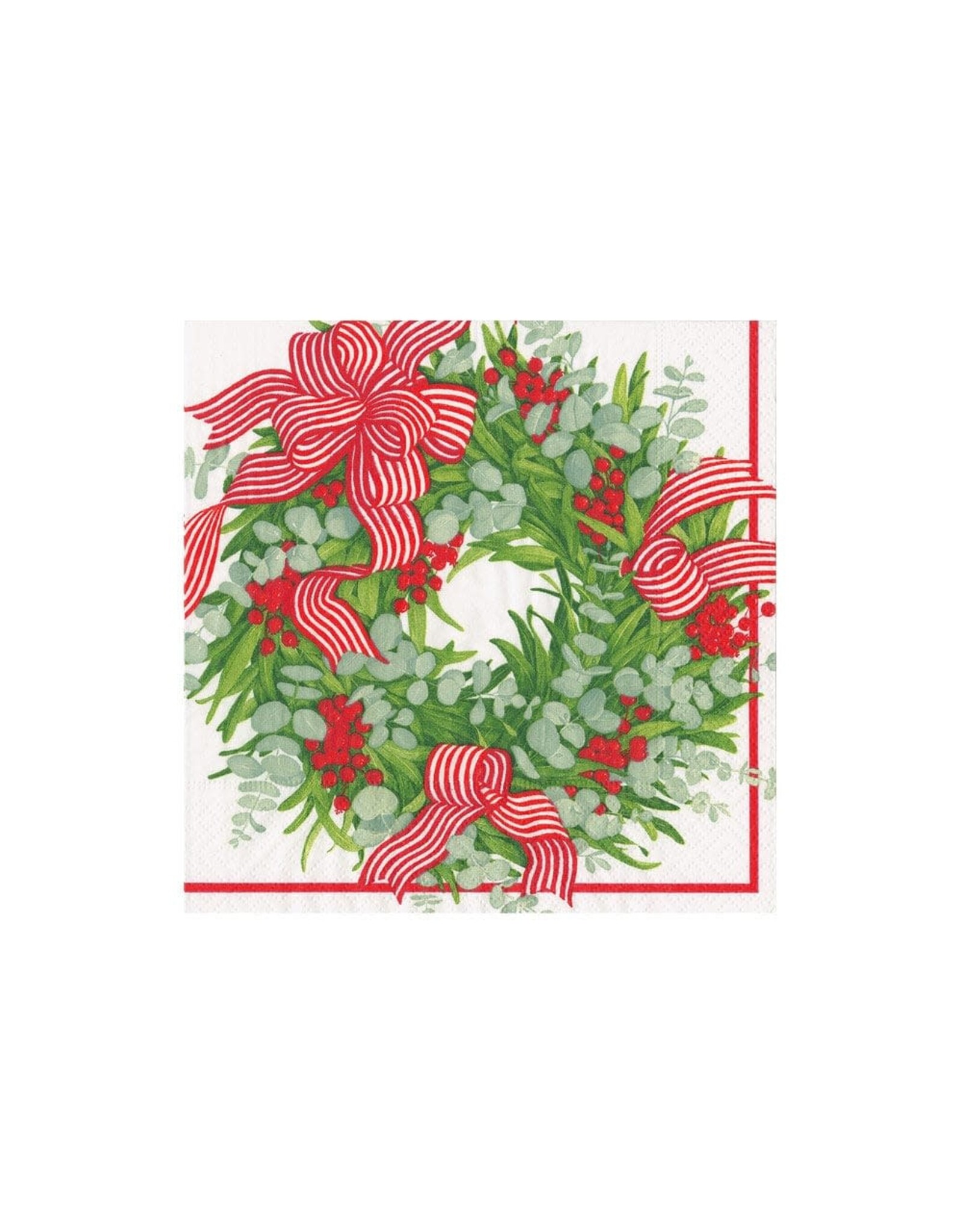 Caspari Christmas Paper Cocktail Napkins 20pk Ribbon Stripe Wreath